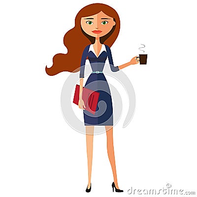 Business carroty young woman with a cup of tea and teapot. Vector flat cartoon illustration Vector Illustration