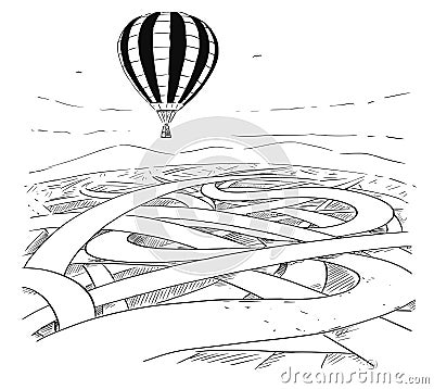 Business Cartoon of Hot Air Ballon Over Maze of Roads as Easy Way Forward Vector Illustration