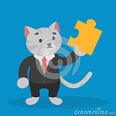 Business cat in a suit hold jigsaw puzzle piece Stock Photo