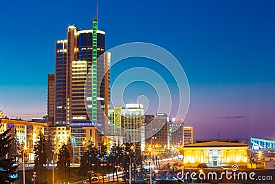 Business Center Of Minsk At Night Scene Street Editorial Stock Photo