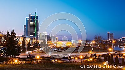 Business Center Of Minsk At Night Scene Street Editorial Stock Photo