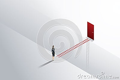 Business challenge businesswoman standing looks at ladder cross to red door. illustration Vector Vector Illustration