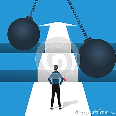 Business challenge concept with businessman standing in front of gaps symbol. Success symbol and overcoming obstacles vector Vector Illustration