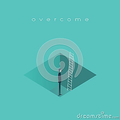 Business challenge concept, man standing in a hole with ladder. Finding solution, recover from crisis symbol. Vector Illustration