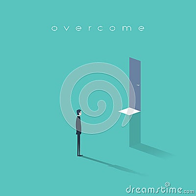 Business challenge concept with man standing on stairs. Goal or target behind obstacle. Vector Illustration