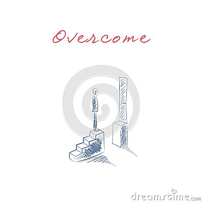 Business challenge concept with man standing on stairs. Hand drawn sketch business symbol. Goal or target behind Vector Illustration