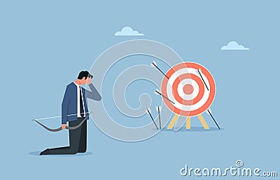 Business challenge failure metaphor, multiple failed inaccurate attempts to hit archery target, despair or disappointment from Vector Illustration
