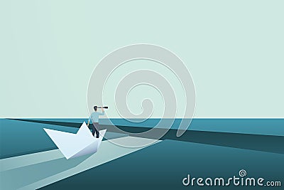 Business challenge vector concept with entrepreneur in paper boat. Symbol of vision, solution, motivation. Vector Illustration