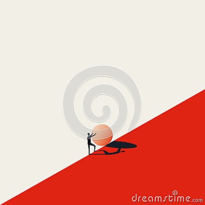 Business challenge vector concept with sisyphus pushing stone uphill. Symbol of struggle, strong effort, opportunity. Vector Illustration