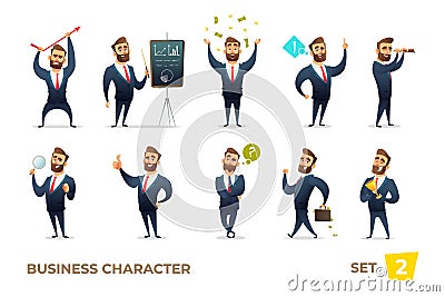 Businessman collection. Bearded charming business men in different situations. Modern character design. Vector Illustration