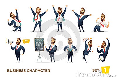 Businessman collection. Bearded charming business men in different situations. Modern character design. Vector Illustration