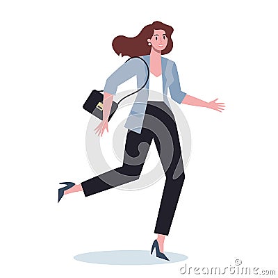 Business character with briefcase running. Business woman rushing i Vector Illustration