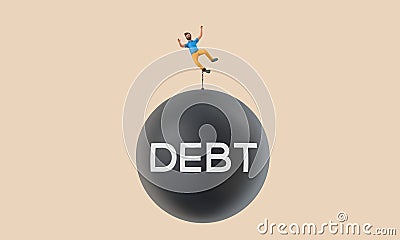 Business character chained to a large falling debt ball. 3D Rendering Stock Photo