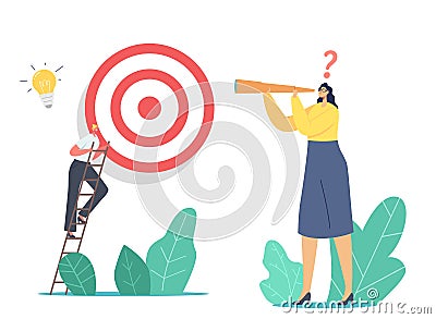 Business Character Climb Ladder Overcome Obstacles Making Next Step to Reach Target. Businesswoman Looking in Spyglass Vector Illustration
