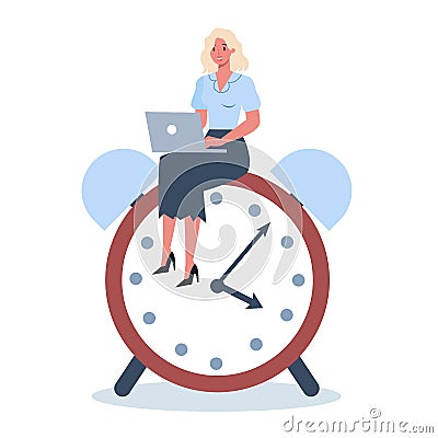 Business character with a clock. Work effectivity and planning. Vector Illustration