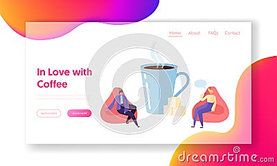 Business Character Drink Coffee on Morning Break Landing Page. Professional Man Rest and Talk at Big Cup Corporate Lunch Vector Illustration