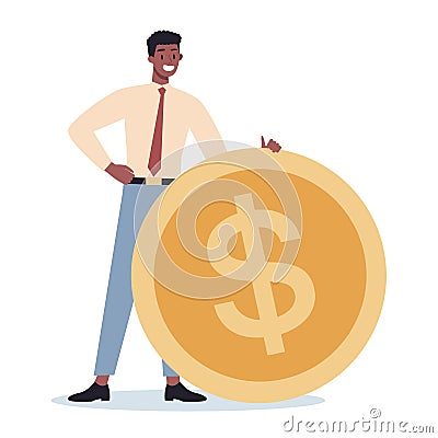 Business character with money. Happy successfull employee with a pile Vector Illustration