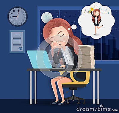 Business character overtime sleeping vector concept. Female lazy business character employee sleeping. Vector Illustration