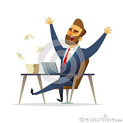 Business character rejoices victory at his desk. Successful Winner Manager Celebrates Victory Vector Illustration