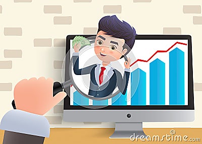 Business character searching online profit vector concept. Business character in magnifier holding. Vector Illustration