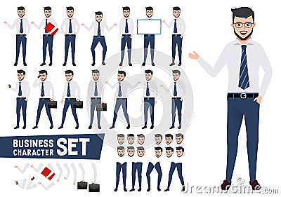 Business character vector set with male businessman in presentation pose Vector Illustration