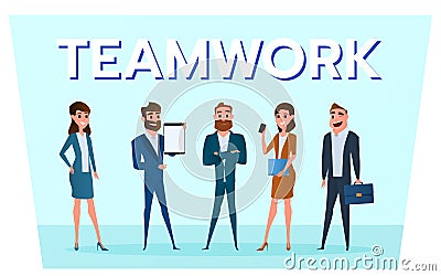 Business characters. Business people team with gadgets work to success Vector Illustration