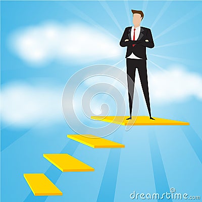 Business characters. Businessman standing on gold plate with blue background Vector Illustration