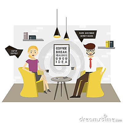 Business characters drink coffee in modern office. Modern office scene. Vector Illustration Vector Illustration