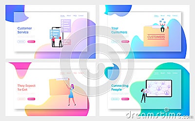 Business Characters Expand Customers Base Attract Clients Landing Page Template Set. Referral Program Management Vector Illustration