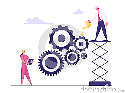 Business Characters Moving Huge Gears, Woman Managing Cogwheel Process at Tablet, Man Grease Mechanism Vector Illustration