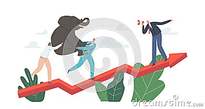 Business Characters Power Team Holding Elephant on Hands Climbing Growing Arrow Graph, Corporate Challenge, Success Vector Illustration