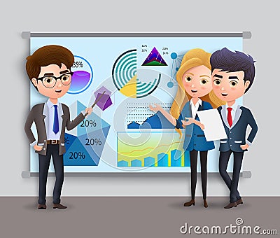 Business characters presentation vector concept. Business employee team presenting and showing sales. Vector Illustration
