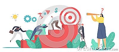 Business Characters Team Climbing Stairs with Huge Target on Top. Business People Next Step, Reach Next Aim, Teamwork Vector Illustration