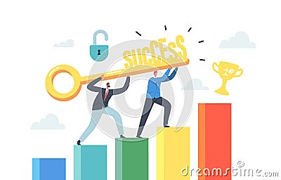 Business Characters Teamwork. Team of Businesspeople Holding Golden Key Climb to Financial Success with Trophy on Top Vector Illustration