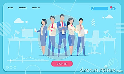 Business characters web page. Flat office people cartoon funny male and woman. Business character team vector website Vector Illustration