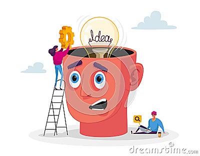 Business Characters Work on Project Searching for Creative Idea. Woman Put Gear into Huge Head with Light Bulb Stock Photo