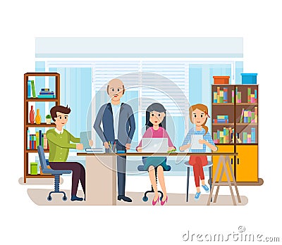 Business characters working in office, business man entrepreneur with colleagues. Vector Illustration