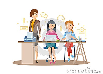 Business characters working in office, business woman entrepreneur with colleagues. Vector Illustration