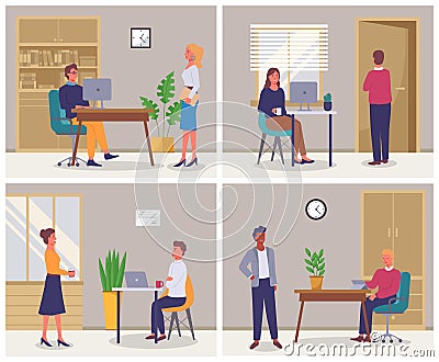 Business characters working in office workplace. Businesspeople office life, set of four scenes Vector Illustration