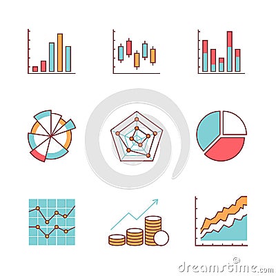 Business charts and data icons thin line set Vector Illustration