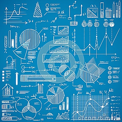 Business charts, graphs, stats doodles set on blue background Vector Illustration