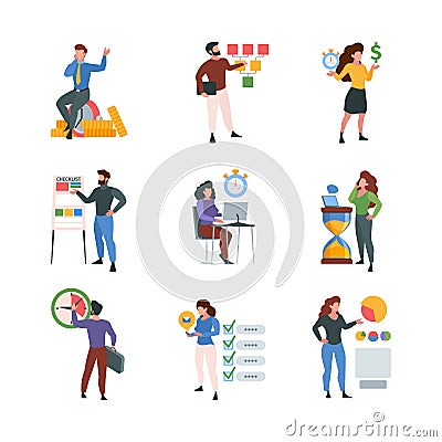 Business checklist. Office people characters with task list time management concept garish vector flat illustrations Vector Illustration