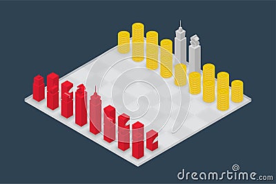 Business chess cube isometric 3d design set, Power of Money concept Vector Illustration