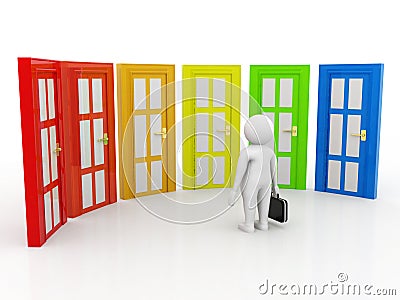 Business Choice Concept, Business People and doors, doubtful. Choice concept on white background. 3d illustration Stock Photo