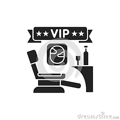 Business class flight glyph black icon. Comfortable passenger seat in airplane. Luxury service element. Sign for web page, mobile Stock Photo