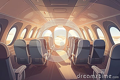 Business class in plane empty interior. Private jet or luxury airplane cabin inside view with comfortable seats Stock Photo