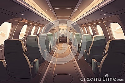 Business class in plane empty interior. Private jet or luxury airplane cabin inside view with comfortable seats Stock Photo