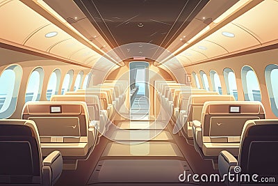 Business class in plane empty interior. Private jet or luxury airplane cabin inside view with comfortable seats Stock Photo