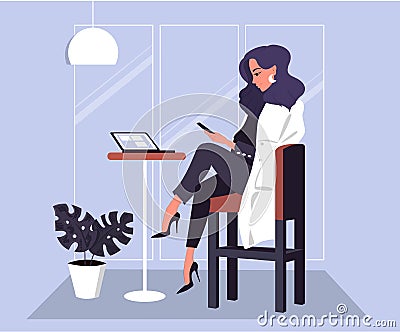 Business classy woman working in cafe with smartphone Vector Illustration