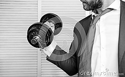 Business coach. Strong powerful business strategy. Efforts always rewarding. Put more effort. Man raise heavy dumbbell Stock Photo